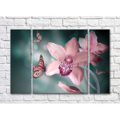 Pictură Gallerix Pink orchid flowers and butterflies on an emerald background (500773)