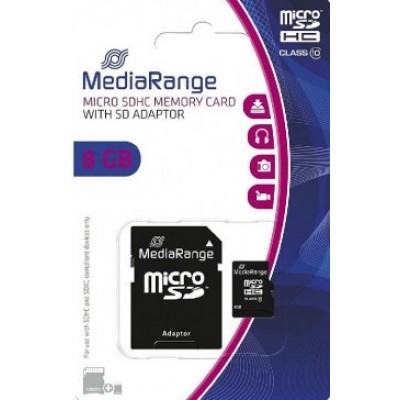 Карта памяти MediaRange microSDHC Class 10 + SD adapter 8Gb (MR957)