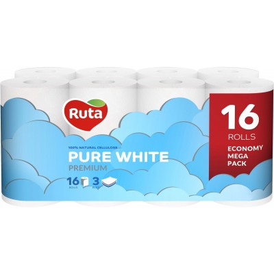 Туалетная бумага Ruta Pure White 3 слоя 16 рулонов