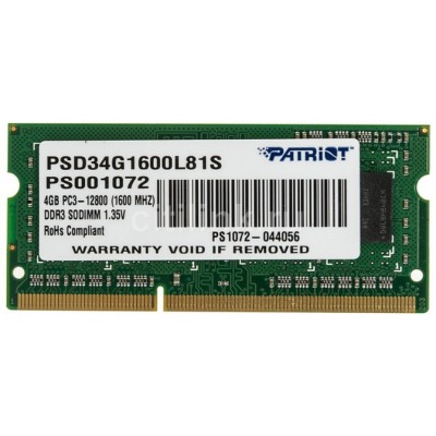 Memorie Patriot Signature Line 4Gb DDR3L-1600MHz SODIMM (PSD34G1600L81S)