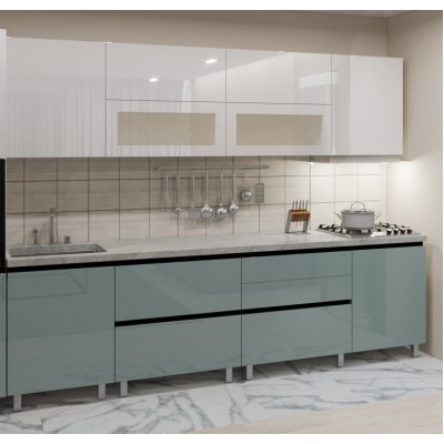 Кухонный гарнитур Bafimob Gola-5 Glass (High Gloss) 2.8m White/Grey/Green